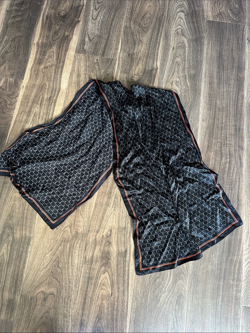 Black Geometric Pattern Silk Scarf with Orange Trim